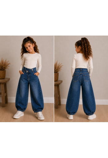 OEM Παντελόνι Τζιν Barrel με Στρας και Double Waist 7911 Μπλε