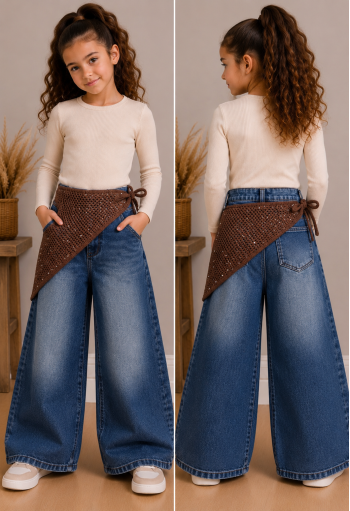 OEM Παντελόνι Τζιν Wide Leg με Πλεκτό Ζωνάρι Μέσης και Στρας 5066 Μπλε OEM Παντελόνι Τζιν Wide Leg με Πλεκτό Ζωνάρι Μέσης και Στρας 5066 Μπλε