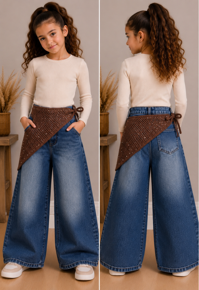 OEM Παντελόνι Τζιν Wide Leg με Πλεκτό Ζωνάρι Μέσης και Στρας 5066 Μπλε OEM Παντελόνι Τζιν Wide Leg με Πλεκτό Ζωνάρι Μέσης και Στρας 5066 Μπλε