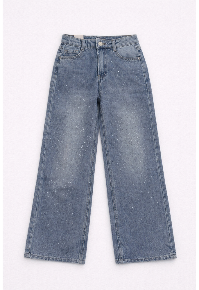 OEM Παντελόνι Τζιν Wide Leg με Διάσπαρτο Στρας 1078 Μπλε