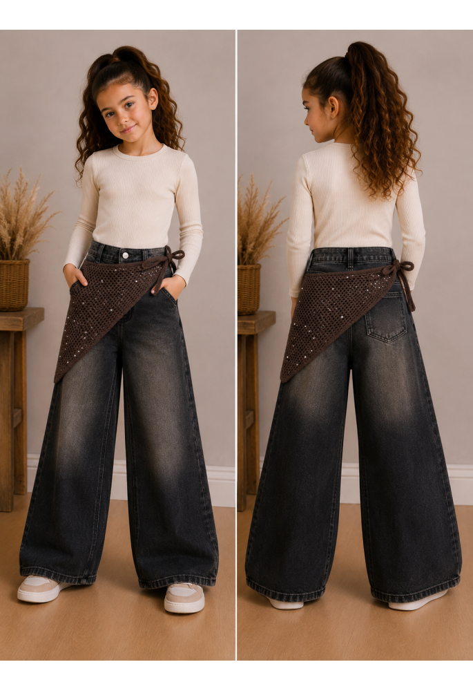 OEM Παντελόνι Τζιν Wide Leg με Πλεκτό Ζωνάρι Μέσης και Στρας 5066 Καφέ