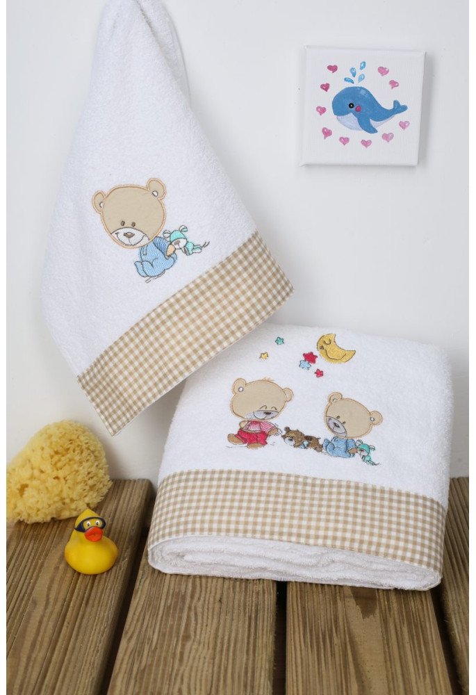 ΠΕΤΣΕΤΑ ΣΕΤ 2 τεμ bebe HAPPY BEARS 21 30X50,70X140 ΛΕΥΚΟ/ΜΠΕΖ Cotton 100%