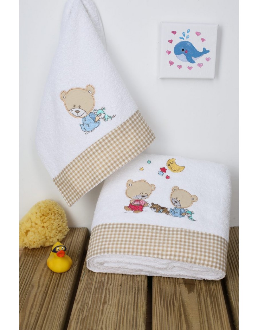 ΠΕΤΣΕΤΑ ΣΕΤ 2 τεμ bebe HAPPY BEARS 21 30X50,70X140 ΛΕΥΚΟ/ΜΠΕΖ Cotton 100%