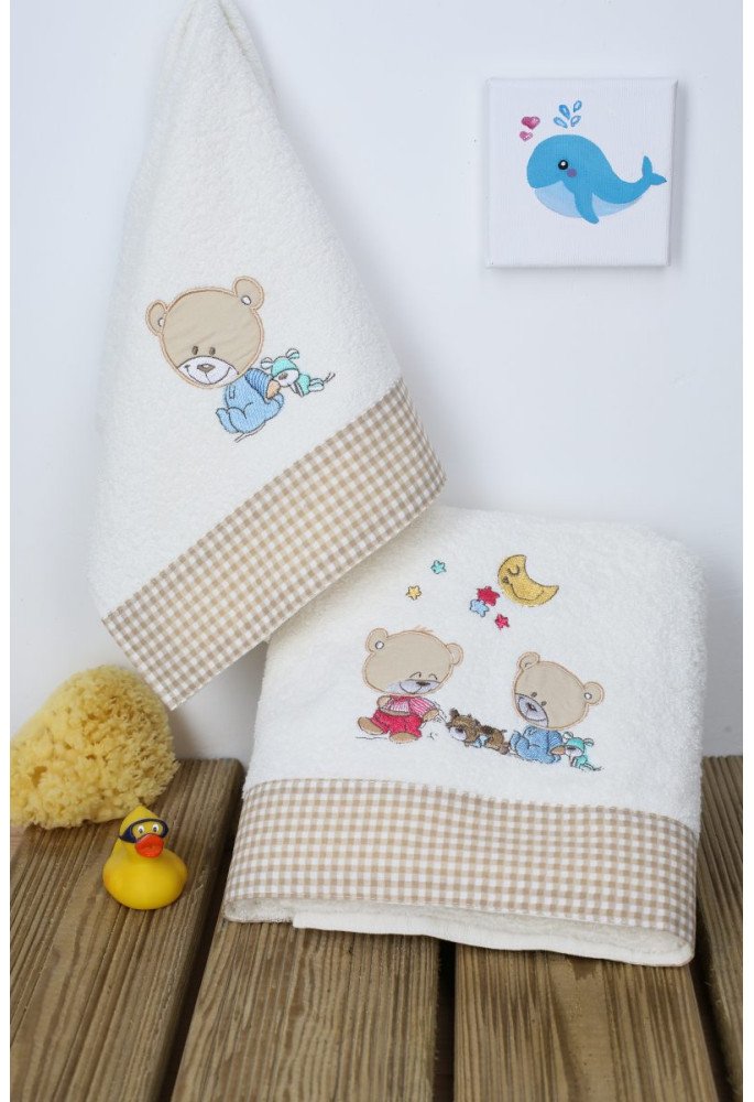 ΠΕΤΣΕΤΑ ΣΕΤ 2 τεμ bebe HAPPY BEARS 22 30X50,70X140 ΕΚΡΟΥ/ΜΠΕΖ Cotton 100%