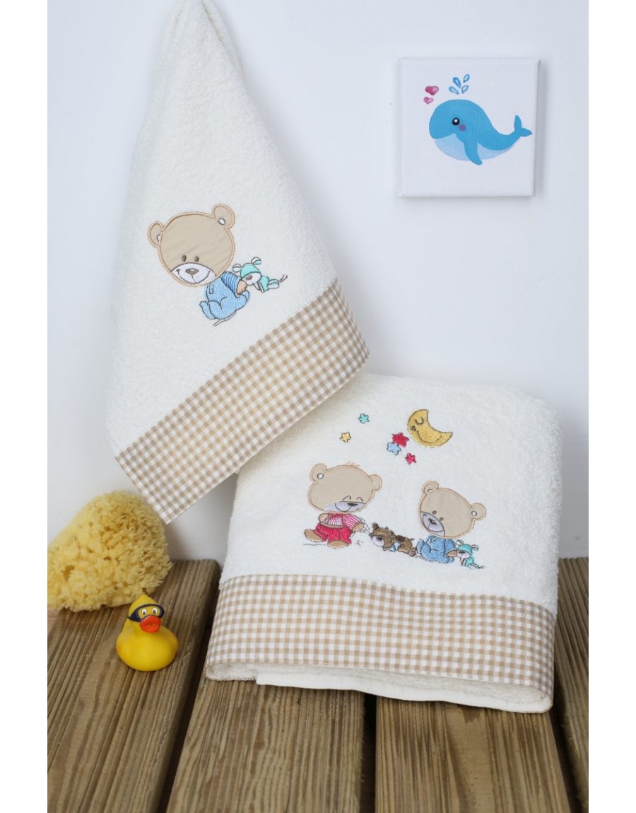 ΠΕΤΣΕΤΑ ΣΕΤ 2 τεμ bebe HAPPY BEARS 22 30X50,70X140 ΕΚΡΟΥ/ΜΠΕΖ Cotton 100%