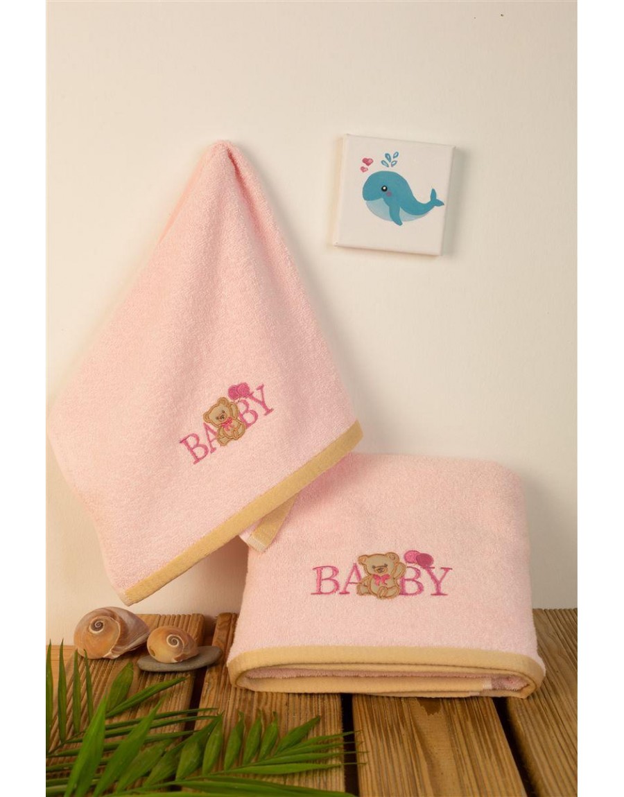 ΠΕΤΣΕΤΑ Με Κέντημα Σετ 2 τεμ bebe Baby Bear 162 30X50,70X140 Ροζ 100% Cotton