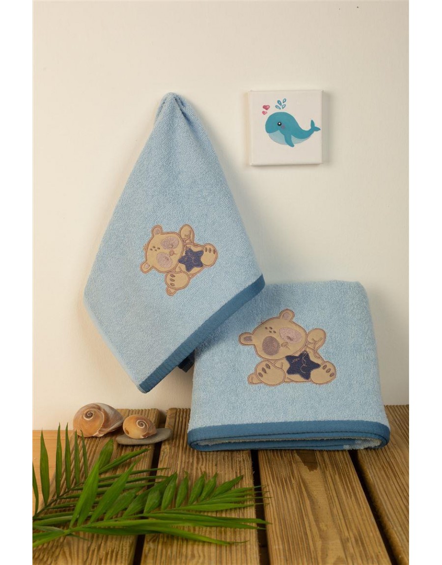 ΠΕΤΣΕΤΑ Με Κέντημα Σετ 2 τεμ bebe Star Bear 151 30X50,70X140 Σιελ 100% Cotton