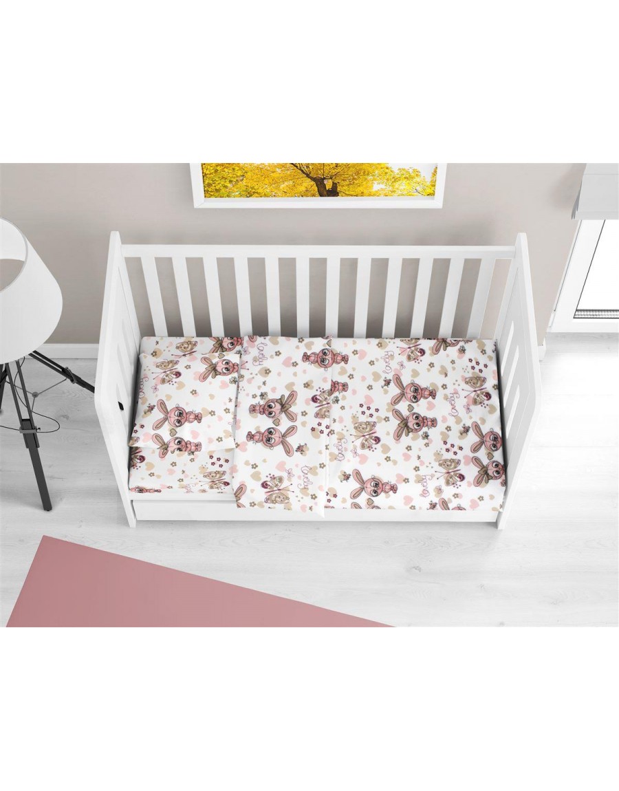 ΚΑΤΩΣΕΝΤΟΝΟ ΜΕ ΛΑΣΤΙΧΟ bebe Bunnies 30 0,70X1,40X0,15 White-Coral 100% Cotton Flannel