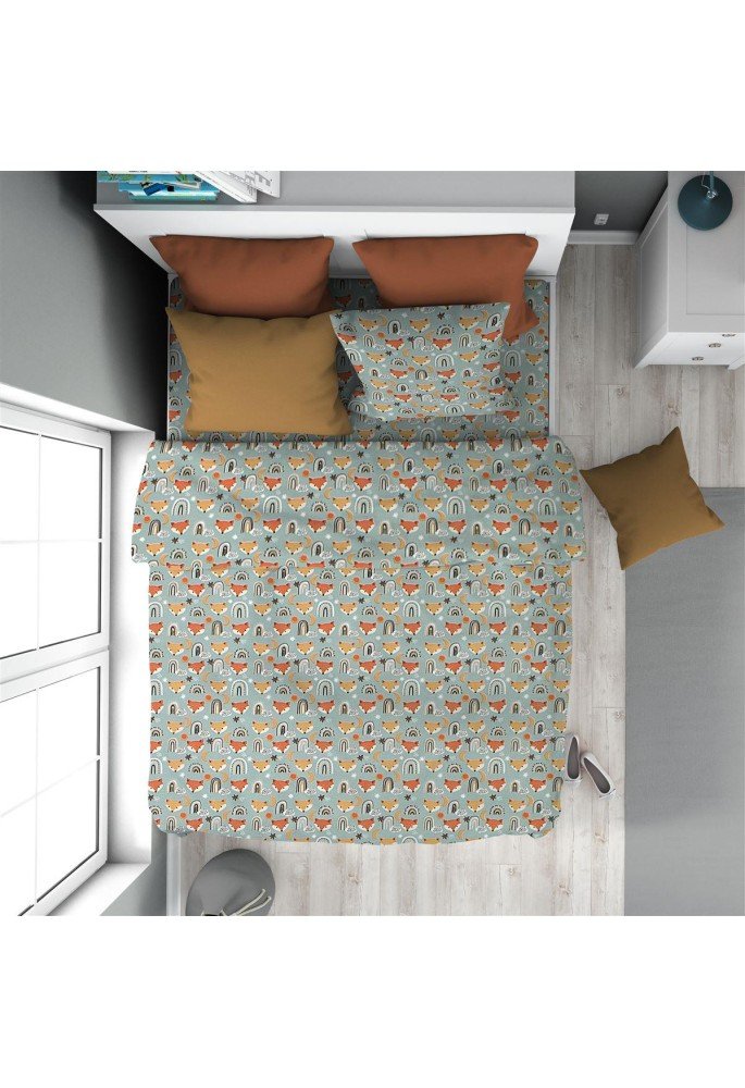 Παπλωματοθήκη Εμπριμέ kids Fox 528 160X240 Pale Cyan 100% Cotton Παπλωματοθήκη Εμπριμέ kids Fox 528 160X240 Pale Cyan 100% Cotton