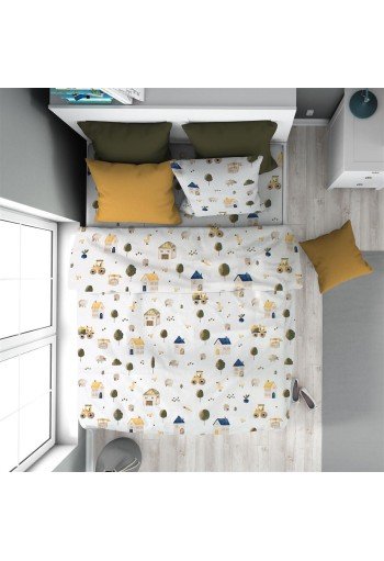 Παπλωματοθήκη Εμπριμέ kids Village 579 160X240 White-Green 100% Cotton Παπλωματοθήκη Εμπριμέ kids Village 579 160X240 White-Green 100% Cotton