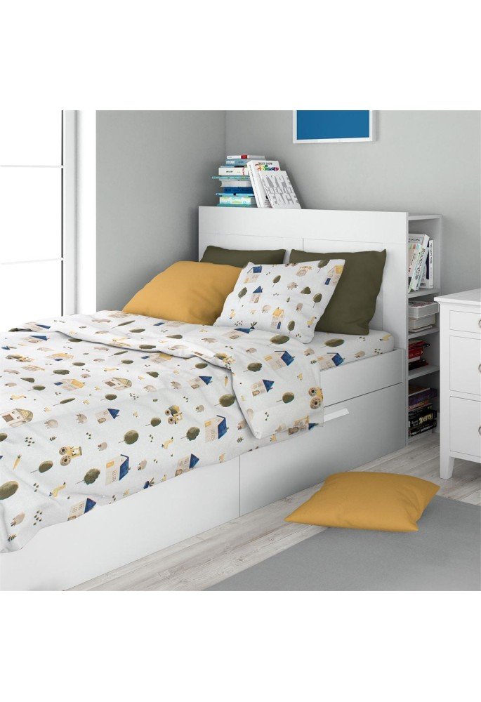 Σεντόνια Εμπριμέ Σετ 3 τεμ kids Village 579 160X240 White-Green 100% Cotton Σεντόνια Εμπριμέ Σετ 3 τεμ kids Village 579 160X240 White-Green 100% Cotton