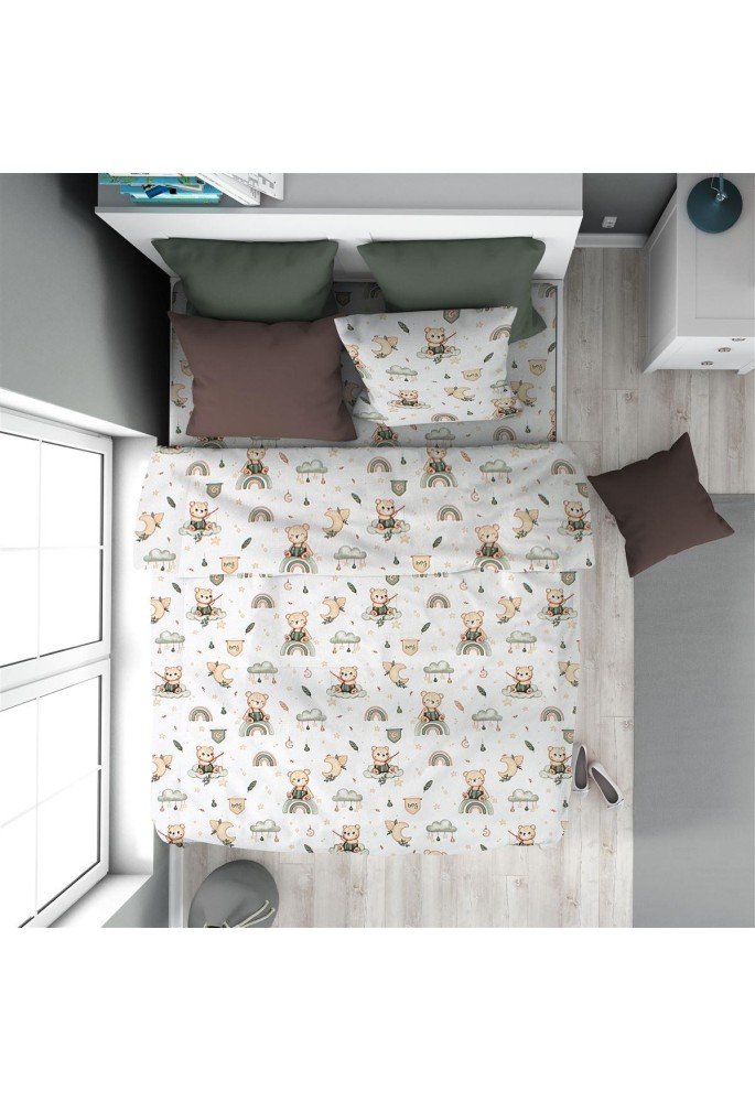 Παπλωματοθήκη Εμπριμέ kids Cloudy Bear 581 160X240 White-Olive 100% Cotton Παπλωματοθήκη Εμπριμέ kids Cloudy Bear 581 160X240 White-Olive 100% Cotton