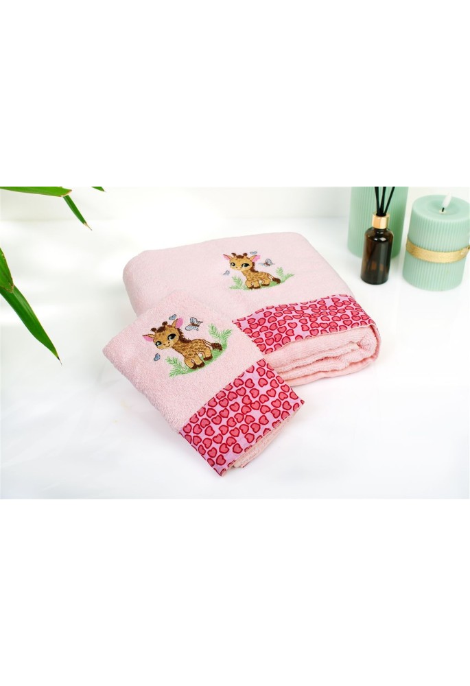 Πετσέτα Με Κέντημα Σετ 2 τεμ bebe Giraffe 171 30X50,70X140 Pink 100% Cotton