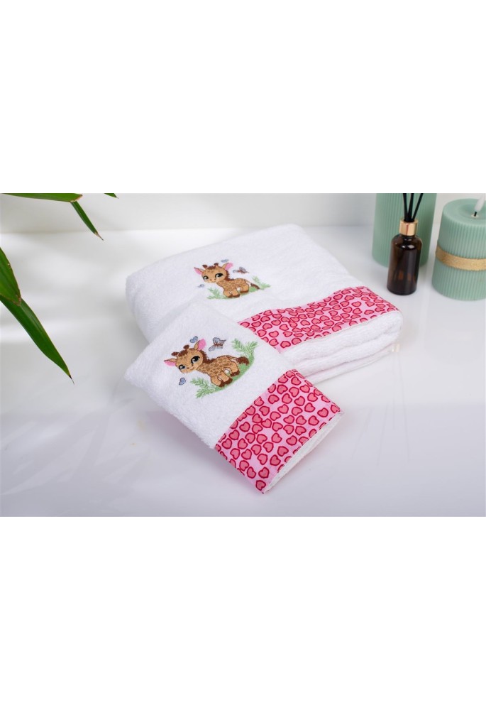 Πετσέτα Με Κέντημα Σετ 2 τεμ bebe Giraffe 172 30X50,70X140 White-Pink 100% Cotton Πετσέτα Με Κέντημα Σετ 2 τεμ bebe Giraffe 172 30X50,70X140 White-Pink 100% Cotton