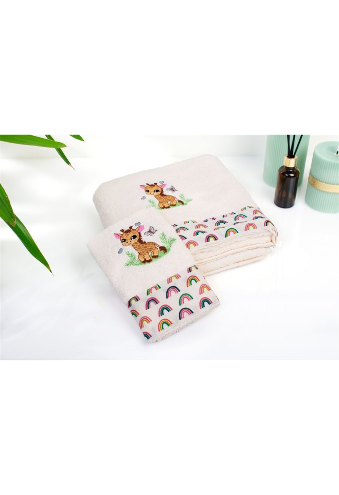 Πετσέτα Με Κέντημα Σετ 2 τεμ bebe Giraffe 173 30X50,70X140 Ecru-Multi 100% Cotton Πετσέτα Με Κέντημα Σετ 2 τεμ bebe Giraffe 173 30X50,70X140 Ecru-Multi 100% Cotton