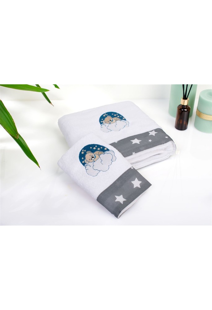 Πετσέτα Με Κέντημα Σετ 2 τεμ bebe Cloudy Bear 176 30X50,70X140 White-Grey 100% Cotton Πετσέτα Με Κέντημα Σετ 2 τεμ bebe Cloudy Bear 176 30X50,70X140 White-Grey 100% Cotton
