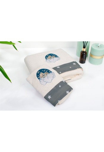Πετσέτα Με Κέντημα Σετ 2 τεμ bebe Cloudy Bear 177 30X50,70X140 Ecru-Grey 100% Cotton