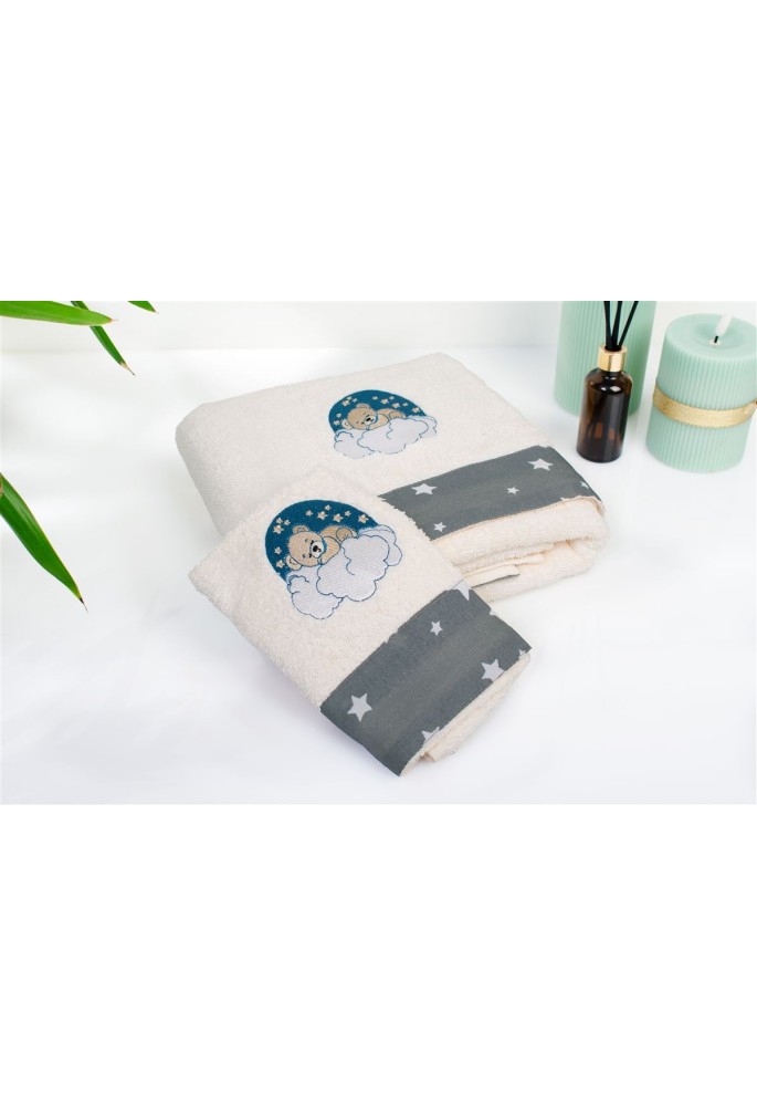Πετσέτα Με Κέντημα Σετ 2 τεμ bebe Cloudy Bear 177 30X50,70X140 Ecru-Grey 100% Cotton Πετσέτα Με Κέντημα Σετ 2 τεμ bebe Cloudy Bear 177 30X50,70X140 Ecru-Grey 100% Cotton