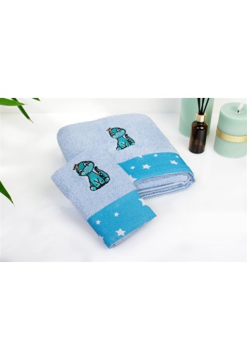 Πετσέτα Με Κέντημα Σετ 2 τεμ bebe Dinosaur 179 30X50,70X140 Sky Blue 100% Cotton
