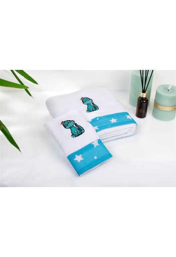 Πετσέτα Με Κέντημα Σετ 2 τεμ bebe Dinosaur 180 30X50,70X140 White-Sky Blue 100% Cotton