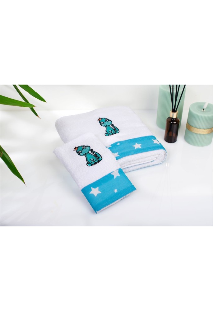 Πετσέτα Με Κέντημα Σετ 2 τεμ bebe Dinosaur 180 30X50,70X140 White-Sky Blue 100% Cotton Πετσέτα Με Κέντημα Σετ 2 τεμ bebe Dinosaur 180 30X50,70X140 White-Sky Blue 100% Cotton