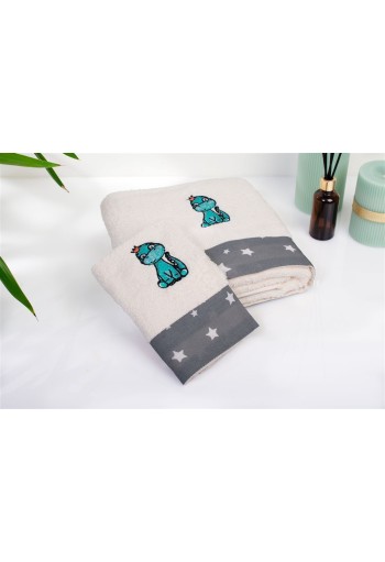 Πετσέτα Με Κέντημα Σετ 2 τεμ bebe Dinosaur 181 30X50,70X140 Ecru-Grey 100% Cotton