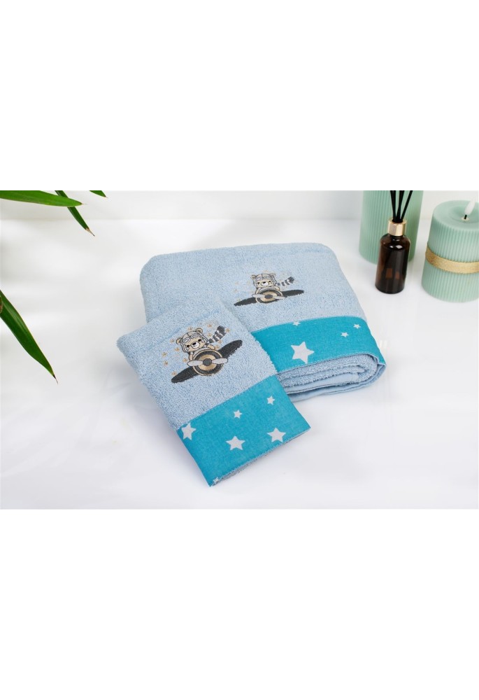 Πετσέτα Με Κέντημα Σετ 2 τεμ bebe Aviator 183 30X50,70X140 Sky Blue 100% Cotton Πετσέτα Με Κέντημα Σετ 2 τεμ bebe Aviator 183 30X50,70X140 Sky Blue 100% Cotton