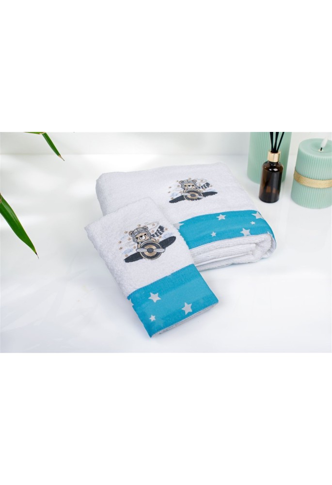 Πετσέτα Με Κέντημα Σετ 2 τεμ bebe Aviator 184 30X50,70X140 White-Sky Blue 100% Cotton Πετσέτα Με Κέντημα Σετ 2 τεμ bebe Aviator 184 30X50,70X140 White-Sky Blue 100% Cotton