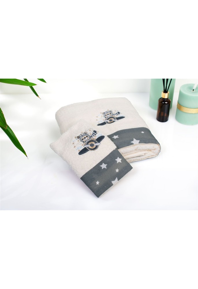 Πετσέτα Με Κέντημα Σετ 2 τεμ bebe Aviator 185 30X50,70X140 Ecru-Grey 100% Cotton Πετσέτα Με Κέντημα Σετ 2 τεμ bebe Aviator 185 30X50,70X140 Ecru-Grey 100% Cotton