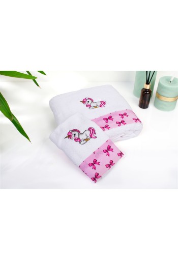 Πετσέτα Με Κέντημα Σετ 2 τεμ bebe Unicorn 188 30X50,70X140 White-Pink 100% Cotton