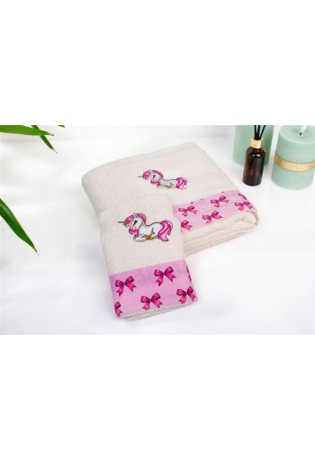 Πετσέτα Με Κέντημα Σετ 2 τεμ bebe Unicorn 189 30X50,70X140 Ecru-Pink 100% Cotton Πετσέτα Με Κέντημα Σετ 2 τεμ bebe Unicorn 189 30X50,70X140 Ecru-Pink 100% Cotton