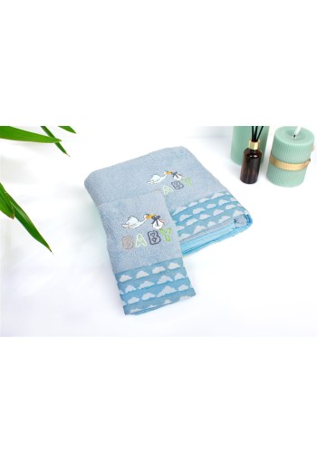 Πετσέτα Με Κέντημα Σετ 2 τεμ bebe Stork 191 30X50,70X140 Sky Blue 100% Cotton