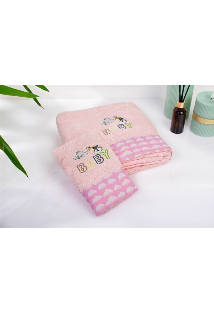 Πετσέτα Με Κέντημα Σετ 2 τεμ bebe Stork 192 30X50,70X140 Pink 100% Cotton Πετσέτα Με Κέντημα Σετ 2 τεμ bebe Stork 192 30X50,70X140 Pink 100% Cotton