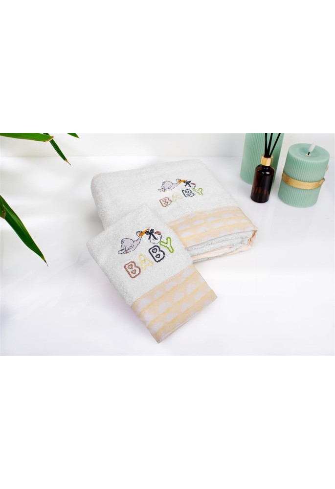 Πετσέτα Με Κέντημα Σετ 2 τεμ bebe Stork 193 30X50,70X140 White-Yellow 100% Cotton