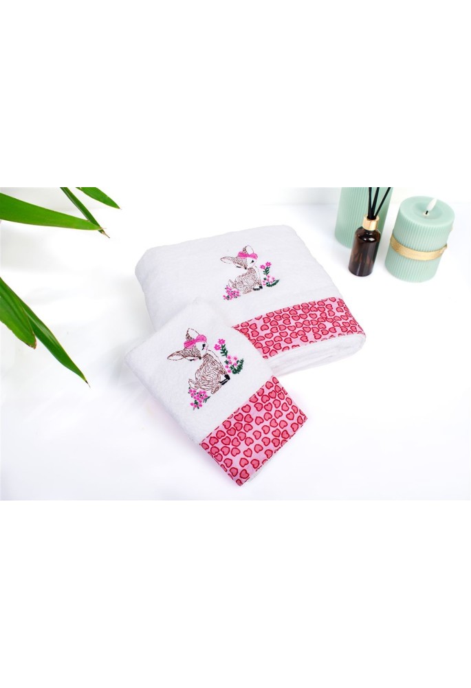 Πετσέτα Με Κέντημα Σετ 2 τεμ bebe Deer 197 30X50,70X140 White-Pink 100% Cotton Πετσέτα Με Κέντημα Σετ 2 τεμ bebe Deer 197 30X50,70X140 White-Pink 100% Cotton