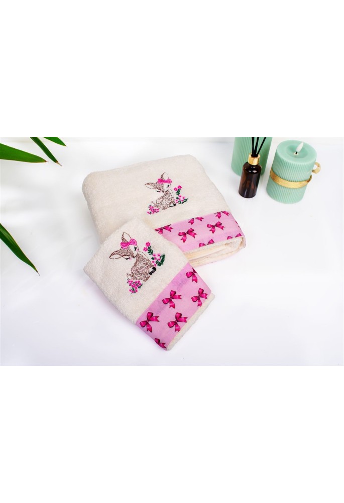 Πετσέτα Με Κέντημα Σετ 2 τεμ bebe Deer 198 30X50,70X140 Ecru-Pink 100% Cotton Πετσέτα Με Κέντημα Σετ 2 τεμ bebe Deer 198 30X50,70X140 Ecru-Pink 100% Cotton
