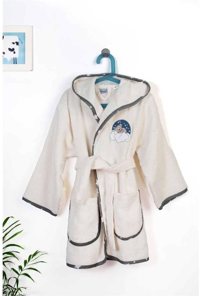 Μπουρνούζι Με Κέντημα kids Cloudy Bear 177 Size: 02 Ecru-Grey 100% Cotton Μπουρνούζι Με Κέντημα kids Cloudy Bear 177 Size: 02 Ecru-Grey 100% Cotton