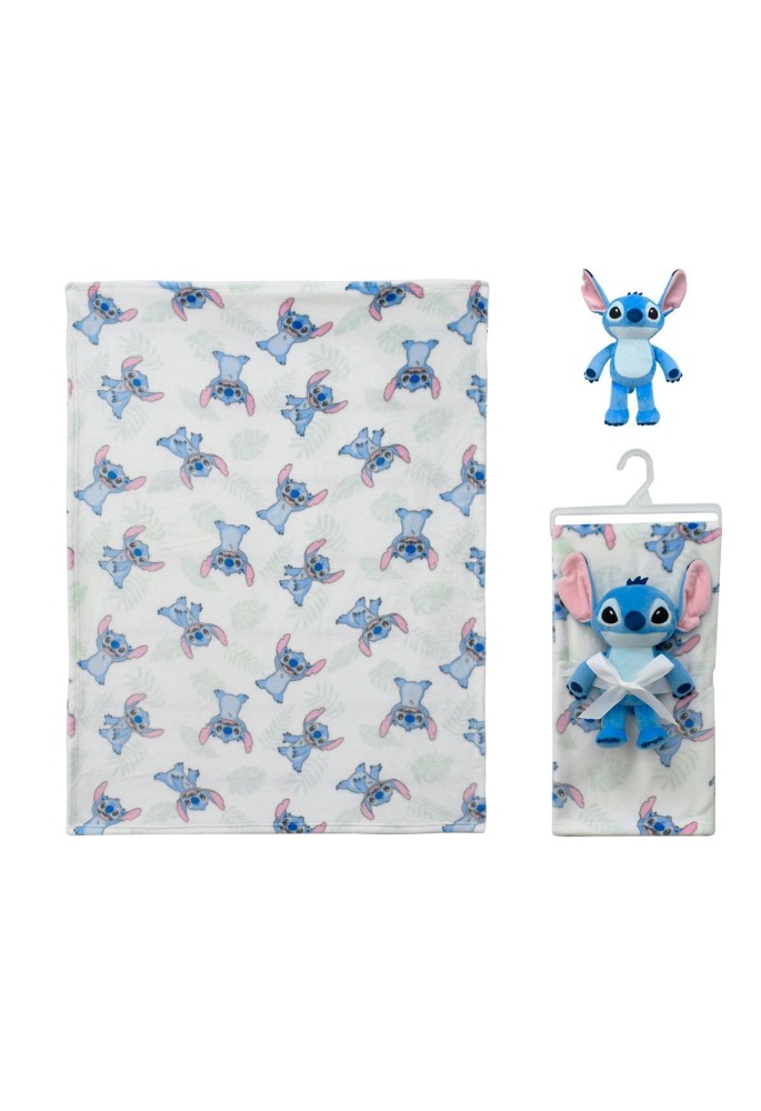 Λούτρινο Disney Home Σετ 2 Τεμ. bebe Stitch 28 Ύψος 25 cm & Κουβέρτα Coral Fleece 75X100 cm White-Blue 100% Polyester