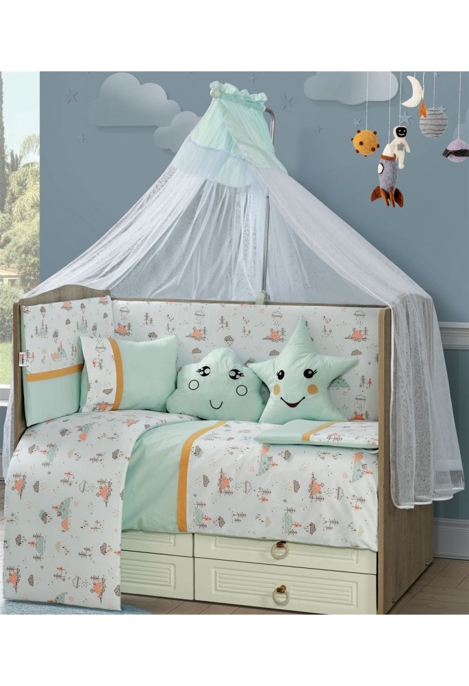 Προίκα Μωρού Εμπριμέ Σετ 9 τεμ bebe Forest 10 White-Mint 100% Cotton Προίκα Μωρού Εμπριμέ Σετ 9 τεμ bebe Forest 10 White-Mint 100% Cotton