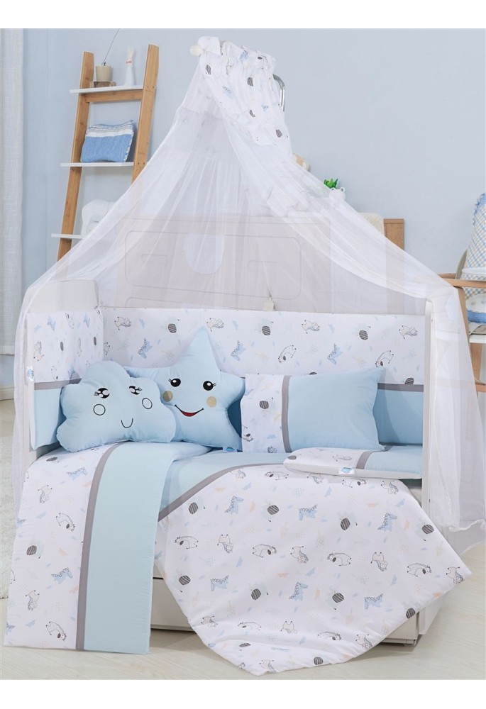 Προίκα Μωρού Εμπριμέ Σετ 9 τεμ bebe Forest 11 White-Sky Blue 100% Cotton Προίκα Μωρού Εμπριμέ Σετ 9 τεμ bebe Forest 11 White-Sky Blue 100% Cotton