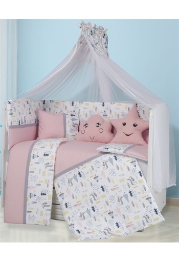 Προίκα Μωρού Εμπριμέ Σετ 9 τεμ bebe Forest 12 White-Pink 100% Cotton