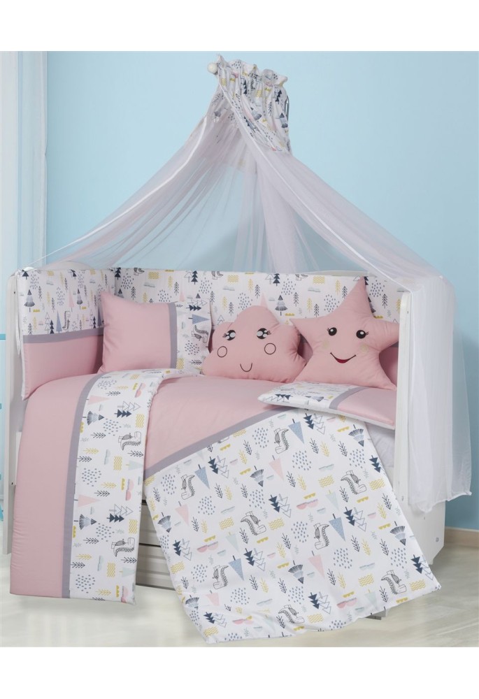 Προίκα Μωρού Εμπριμέ Σετ 9 τεμ bebe Forest 12 White-Pink 100% Cotton Προίκα Μωρού Εμπριμέ Σετ 9 τεμ bebe Forest 12 White-Pink 100% Cotton
