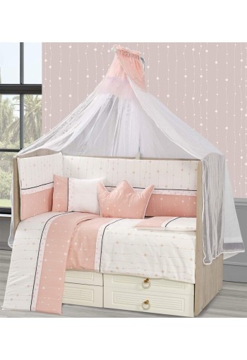Προίκα Μωρού Εμπριμέ Σετ 9 τεμ bebe Stars 15 White-Coral Pink 100% Cotton