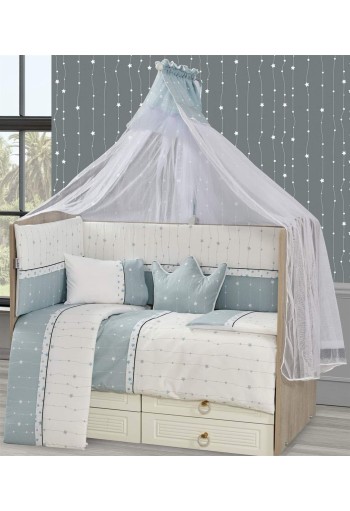 Προίκα Μωρού Εμπριμέ Σετ 9 τεμ bebe Stars 16 White-Aqua Grey 100% Cotton