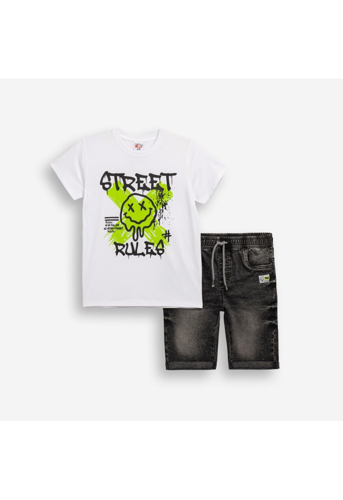 FUNKY Σετ Μπλούζα και Βερμούδα Τζιν "Street Rules" 126-102103-1 Λευκό/Μαύρο FUNKY Σετ Μπλούζα και Βερμούδα Τζιν "Street Rules" 126-102103-1 Λευκό/Μαύρο