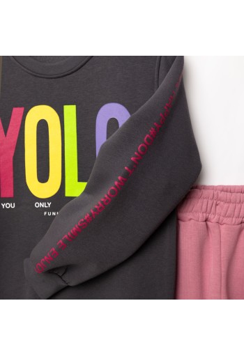 FUNKY Σετ Μπλούζα Φούτερ και Παντελόνι Φόρμας "YOLO" 227-517109-1 Ανθρακί/Φουξ