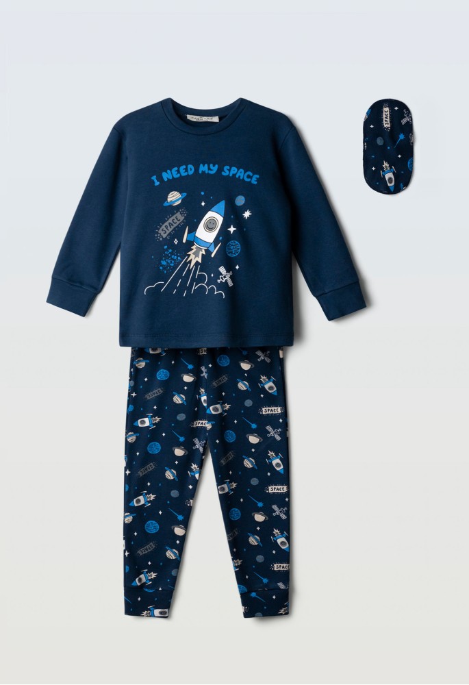 HASHTAG Πιτζάμα με Μάσκα Ύπνου "I Need My Space" H-724 Σκούρο Μπλε